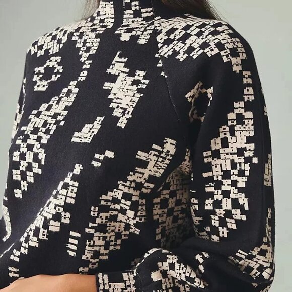 Anthropologie The Beatriz Mock Neck Sweater XL Geometric Navy Cream Soft Boho* - Picture 15 of 15